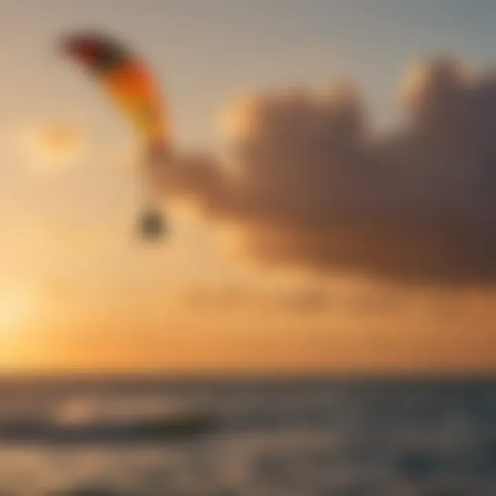 Silhouette of kiteboarder at sunset with colorful kite against orange sky