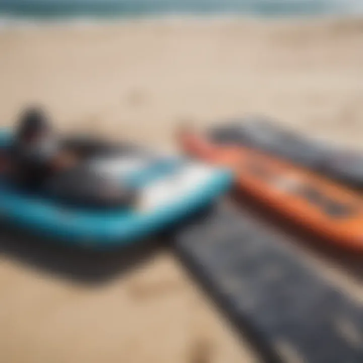 Close-up of quality kiteboarding gear laid out on the beach