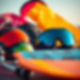 A vibrant selection of kiteboarding gear arranged aesthetically
