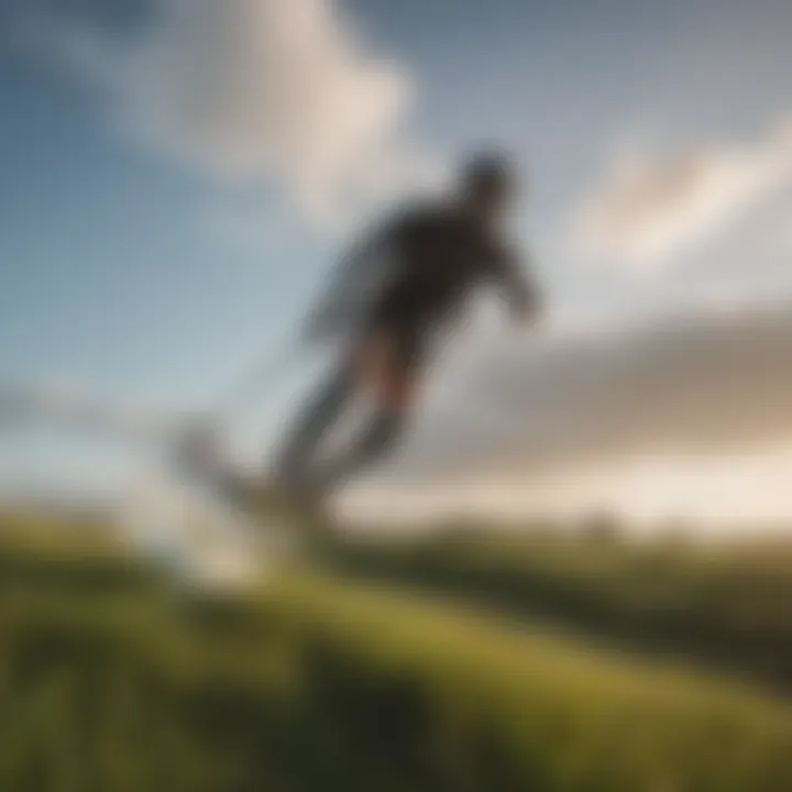 Kiteboarder racing across a grassy landscape