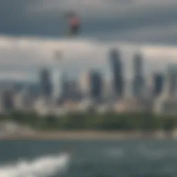 A kiteboarder soaring above the waters of Seattle with the city skyline in the background