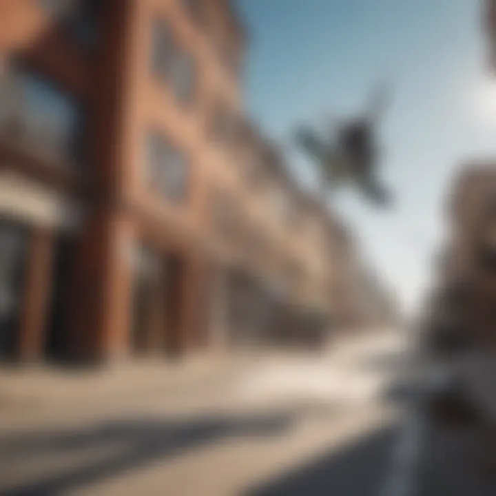 Kiteboarder soaring over urban street obstacles