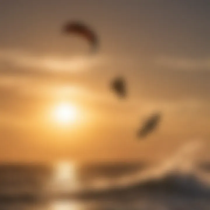 Kiteboarder catching air and performing impressive tricks against a vivid sunset backdrop