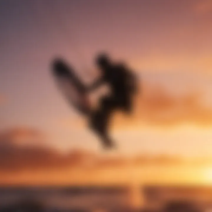 Silhouette of a kitesurf foil boarder against a vivid sunset sky