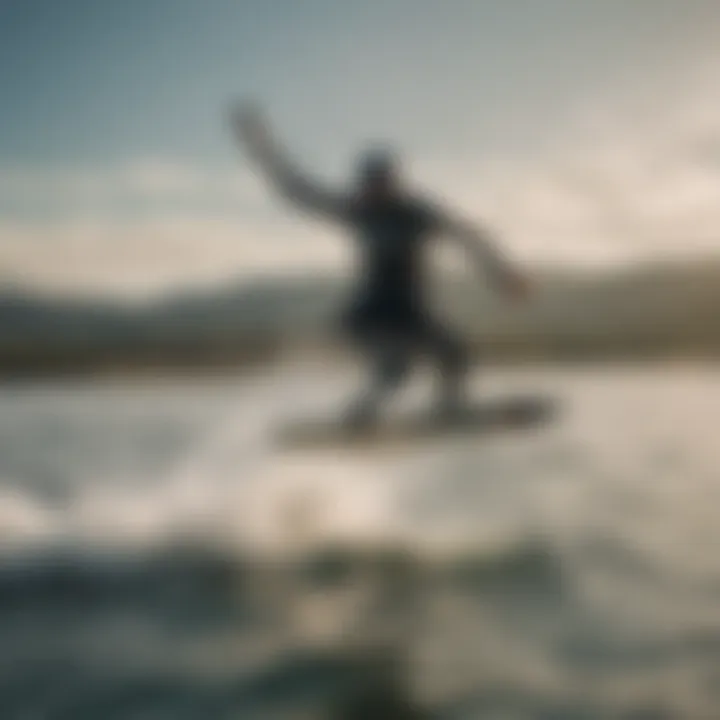 Kitesurf foil boarder skimming across the water's surface