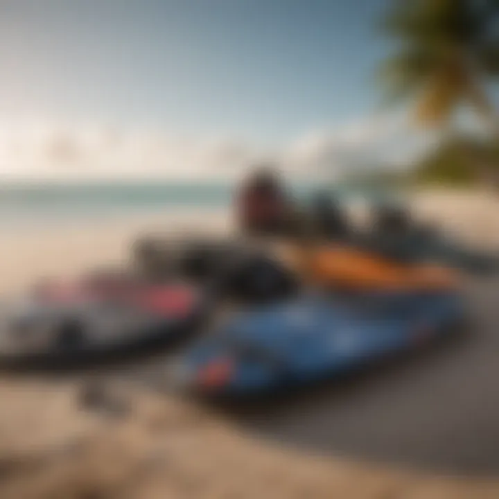 An array of kitesurfing equipment displayed on the Tulum beach.