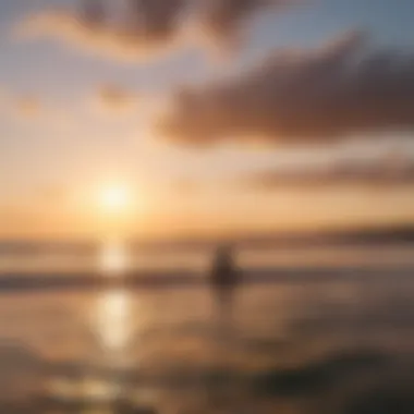 Kitesurfer gliding over rippling waters at sunset