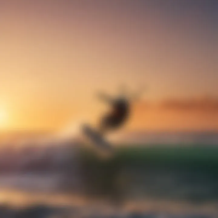 Silhouette of a kitesurfer riding the waves at sunset