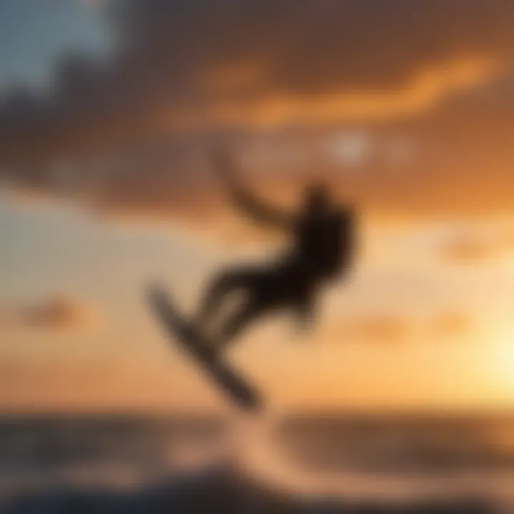 Silhouette of a kitesurfer performing tricks against a fiery sky