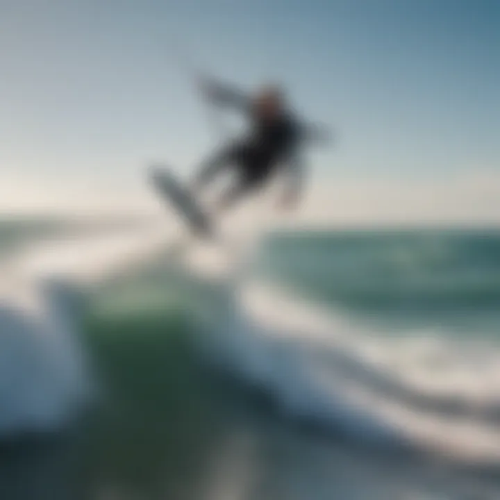 A kitesurfer gliding over waves with a close-up of the board showcasing Stickybumps wax.