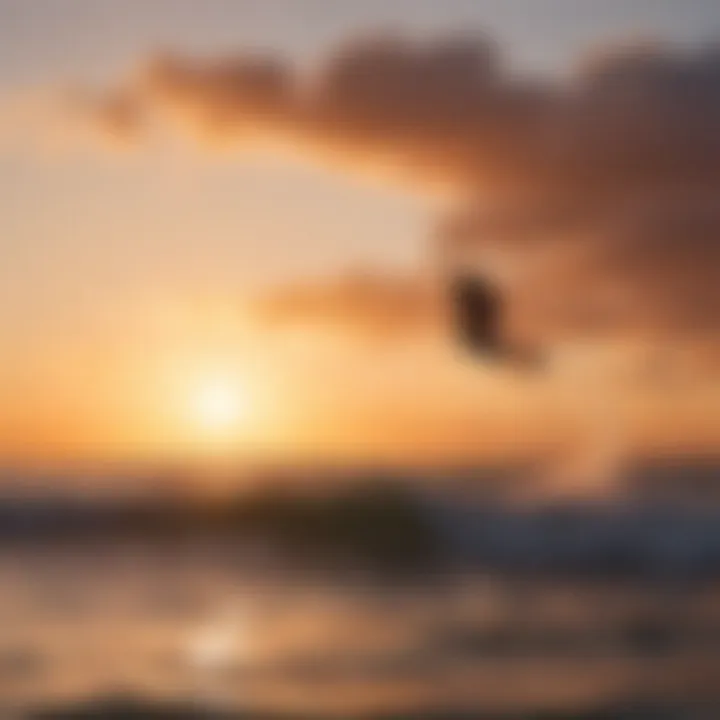 Silhouette of kitesurfer against colorful sunset sky