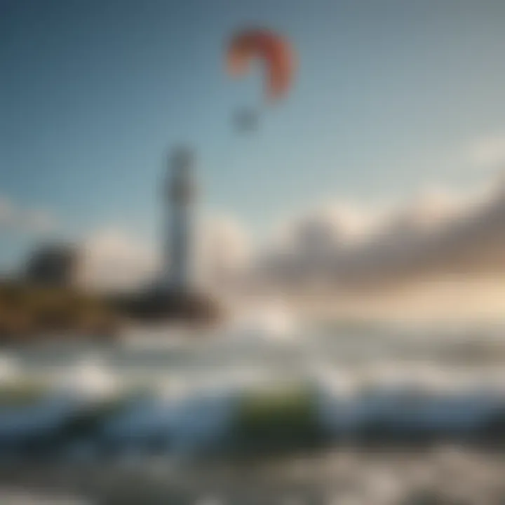 Kitesurfer gliding across the waves under the watchful eye of a lighthouse