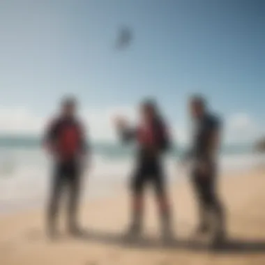 Group of kitesurfers discussing weather forecasts via Windguru