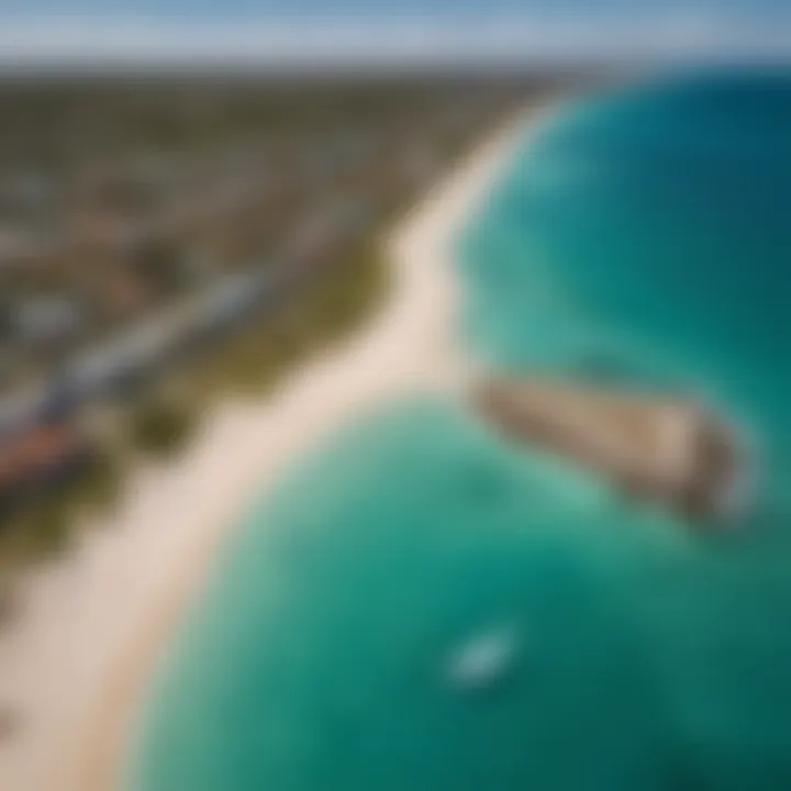 An aerial view showcasing prime kitesurfing spots across the coastline.