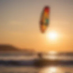 Kite surfer catching air with the sun setting in the background