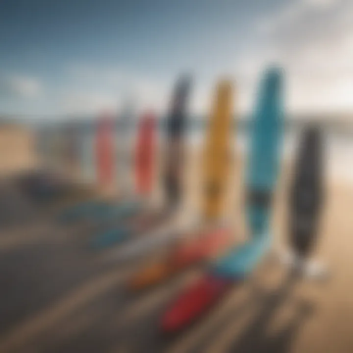 A collection of various kitesurfing board designs lined up on the beach