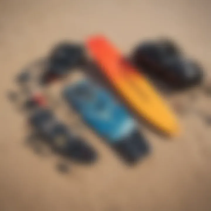 Diverse kitesurfing gear laid out on the beach ready for use