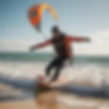 An instructor demonstrating essential kitesurfing techniques on the beach.