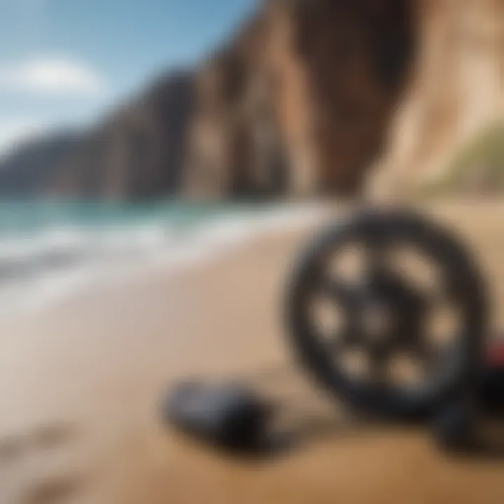 A close-up of kitesurfing equipment against a backdrop of rugged cliffs