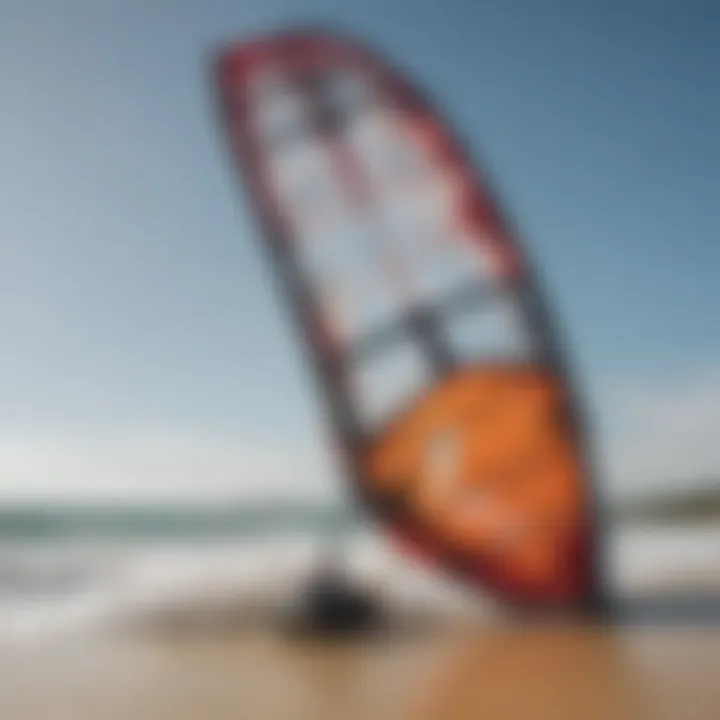 Close-up of high-performance kitesurfing equipment on the beach