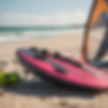 Colorful kitesurfing gear on the sandy beach