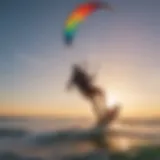 A beginner kitesurfer riding the waves with a colorful kite overhead