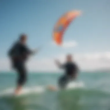 Instructor guiding a novice kitesurfer during a lesson in clear waters