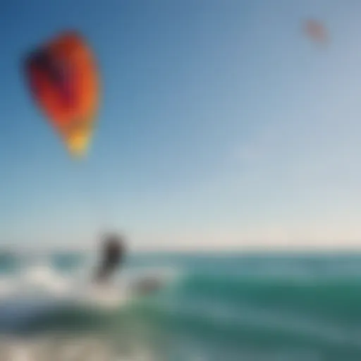 A vibrant kitesurfing scene showcasing colorful kites against a clear blue sky