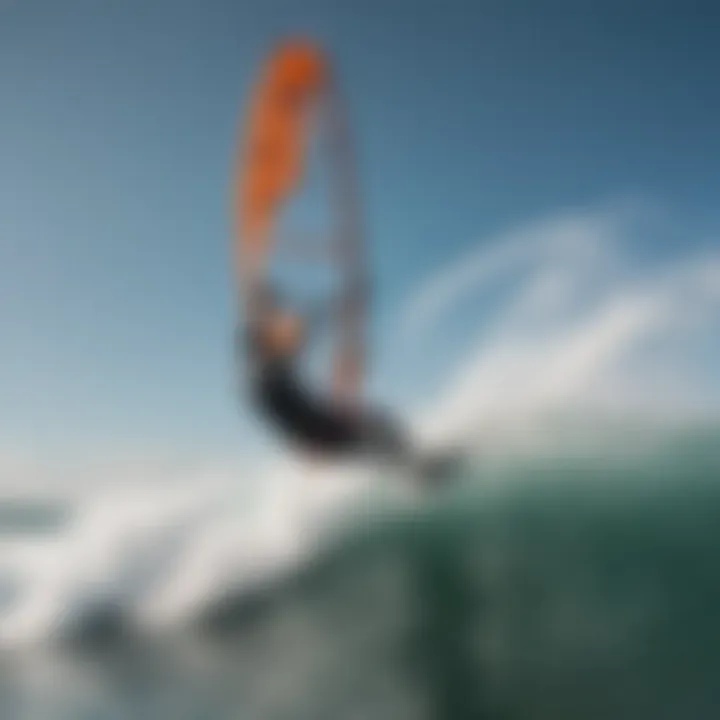 Kiteboarder executing high-speed turn on wave crest