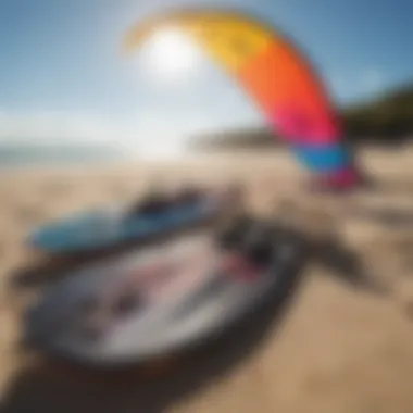 Close-up of kitesurfing equipment laid out on the beach, showcasing colorful kites and boards