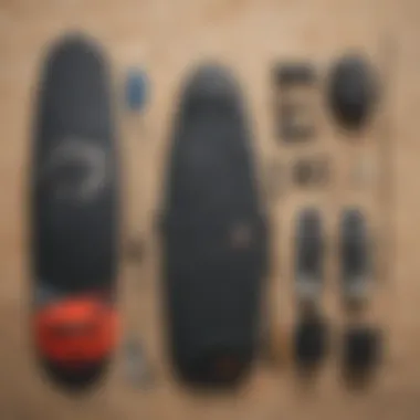 A close-up of kitesurfing gear laid out, emphasizing equipment essentials