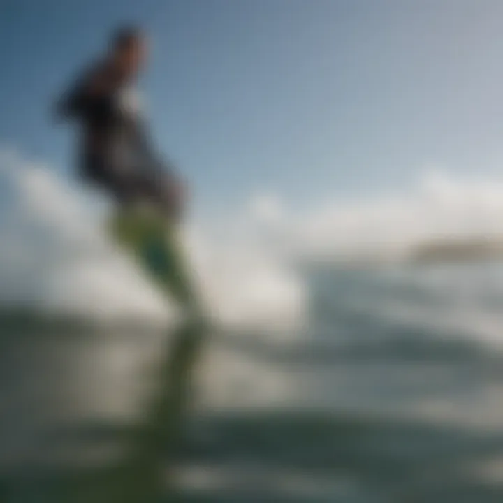 Close-up of kitesurfing board slicing through the water