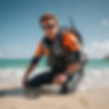 An instructor demonstrating kitesurfing techniques on the beach