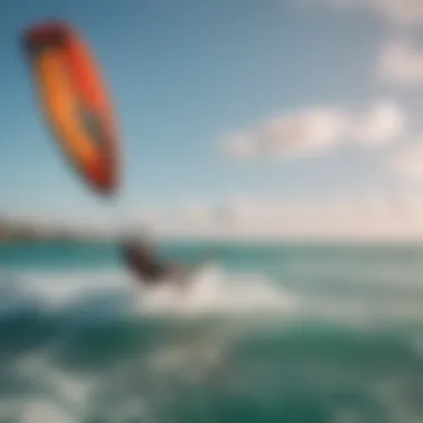 A vibrant kitesurfing school setup with colorful kites and equipment