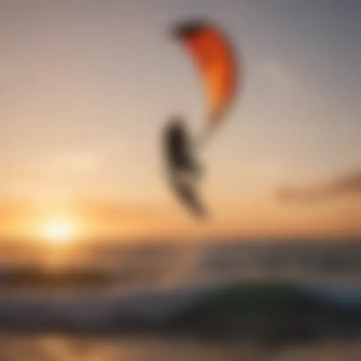 A captivating sunset silhouette of a kitesurfer mastering the art of riding waves with the real kite