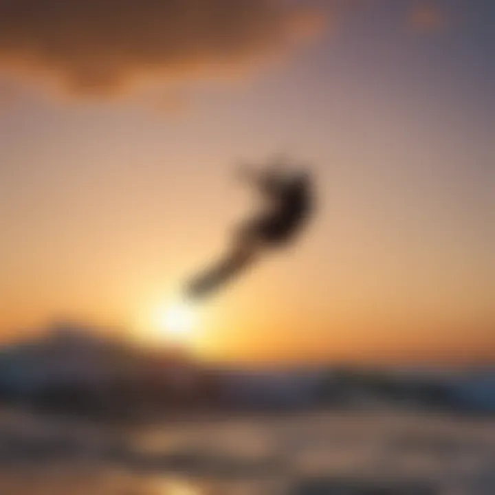 Kitesurfing action shot at sunset over the ocean