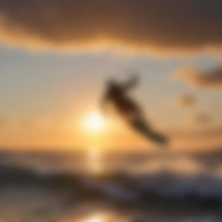 A kitesurfer executing a perfectly timed jump with the sun setting in the background