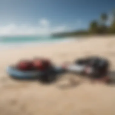 Kitesurfing equipment laid out on a sandy beach in Punta Cana