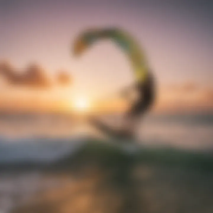 A vibrant sunset backdrop showcasing kitesurfers enjoying the waves in Tulum.