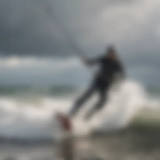 A kitesurfer gracefully maneuvering through the waves with a waist leash attached