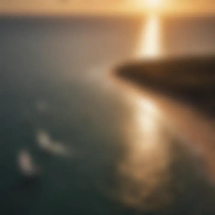 Aerial view of kitesurfing paradise at sunset