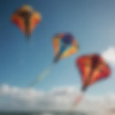 Close-up of colorful kites against a clear blue sky