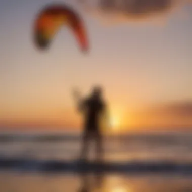 Silhouette of a kitesurfer utilizing the Kitezy Power Kite Trainer at sunset