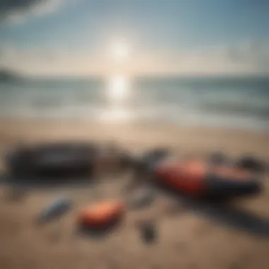 Kitesurfing equipment laid out on the shore of Lake Erie