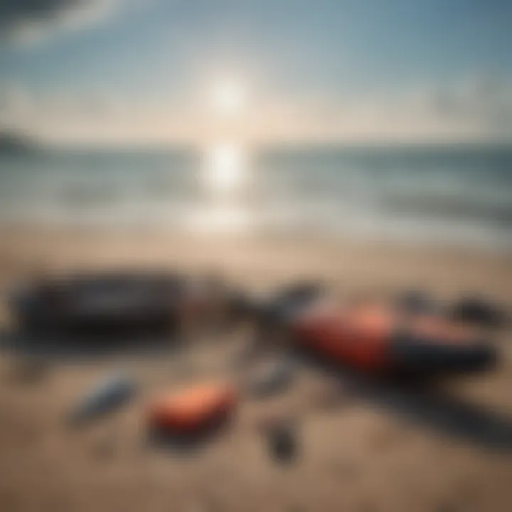 Kitesurfing equipment laid out on the shore of Lake Erie