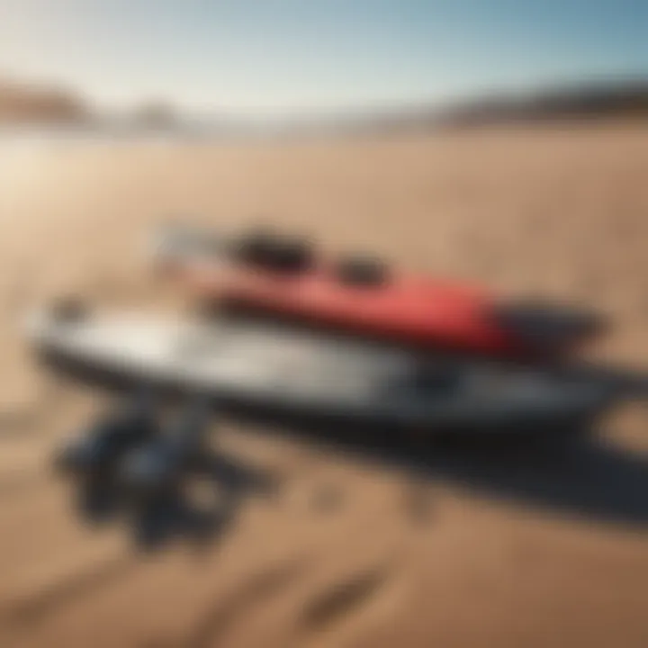 Essential mackiteboarding gear arranged on a sandy beach.