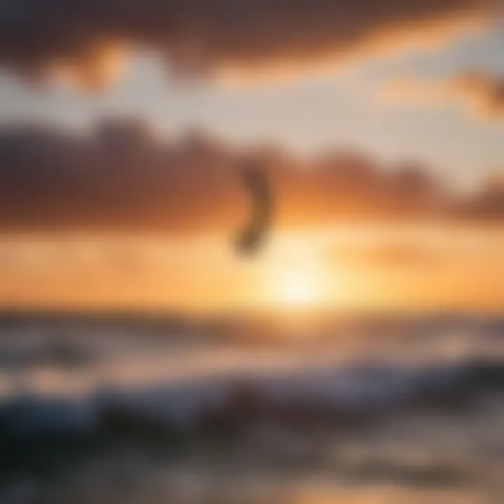 Kitesurfers riding the waves at sunset