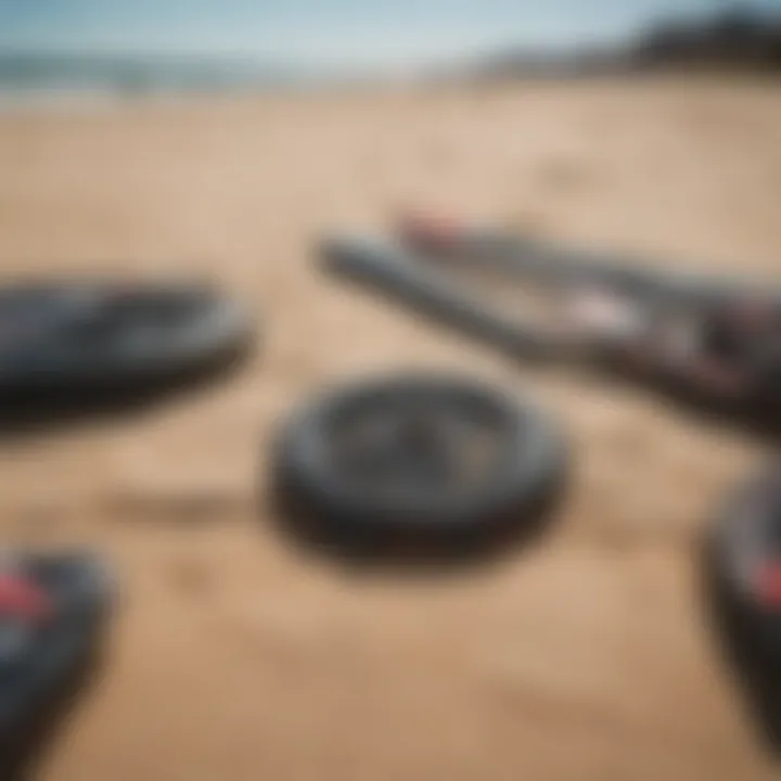 Close-up of essential kiteboarding gear laid out on the sand