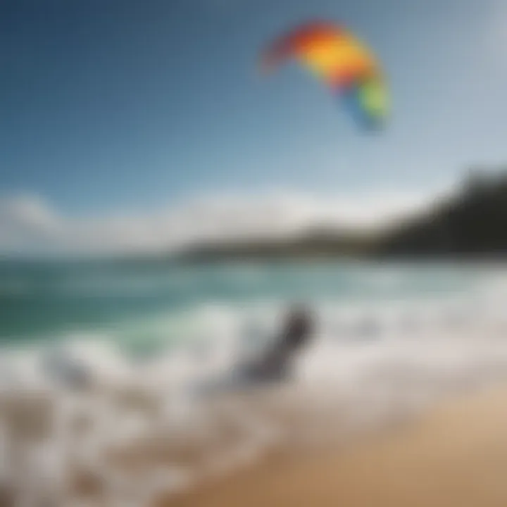 A vibrant kite soaring in the sky over a picturesque beach