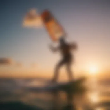 A scenic view of kiteboarders riding the waves at sunset